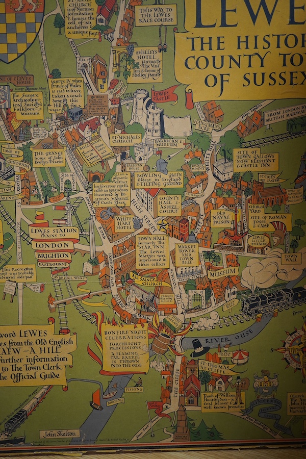 A 1930's ‘Visit Lewes, The Historic County Town of Sussex’ poster, 79cm high. Condition - fair